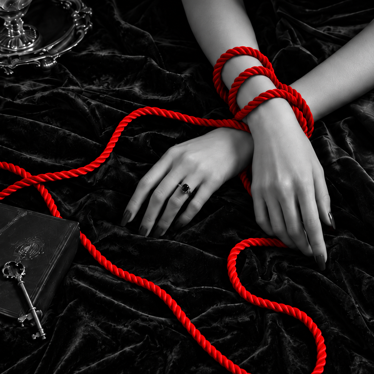 Print from Bound — hands wrapped in red cord resting on black velvet