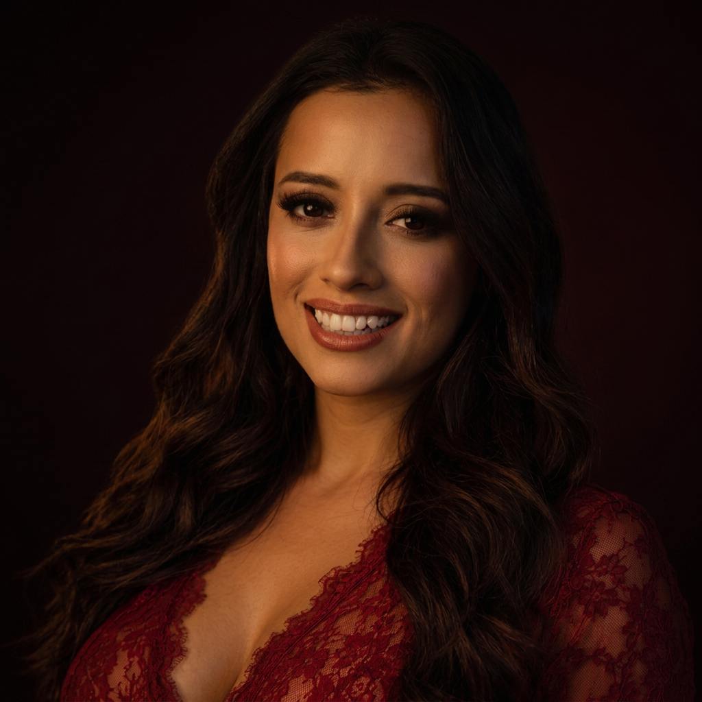 Close portrait of Lexi in red lace, lit by warm low light against a near-black background
