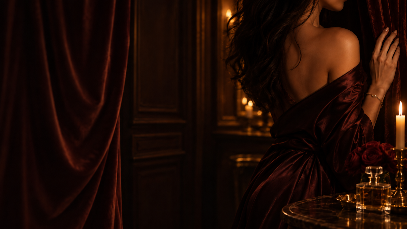 A woman in a burgundy silk gown turned away by candlelight, framed by deep red velvet curtains