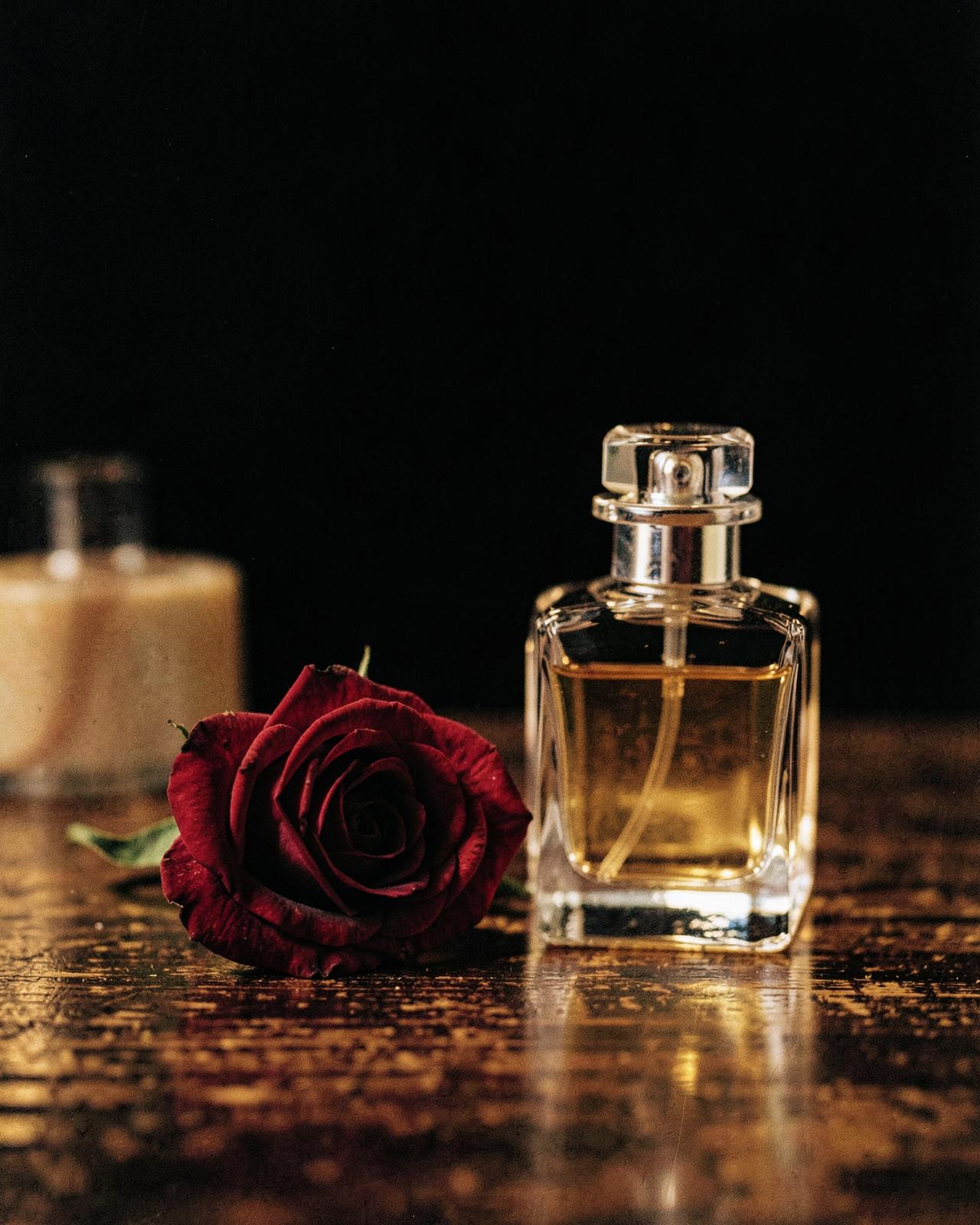 A dark red rose beside a crystal perfume bottle on espresso wood in candlelight