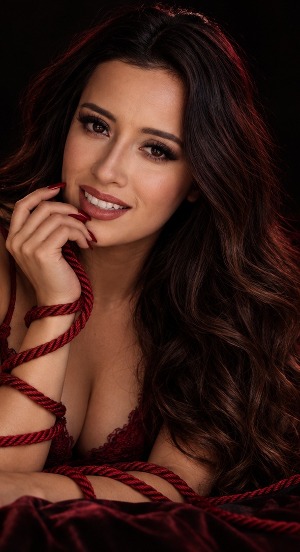 Lexi in deep red lace on crimson velvet, red cord across her arms — cover image for the edition Bound