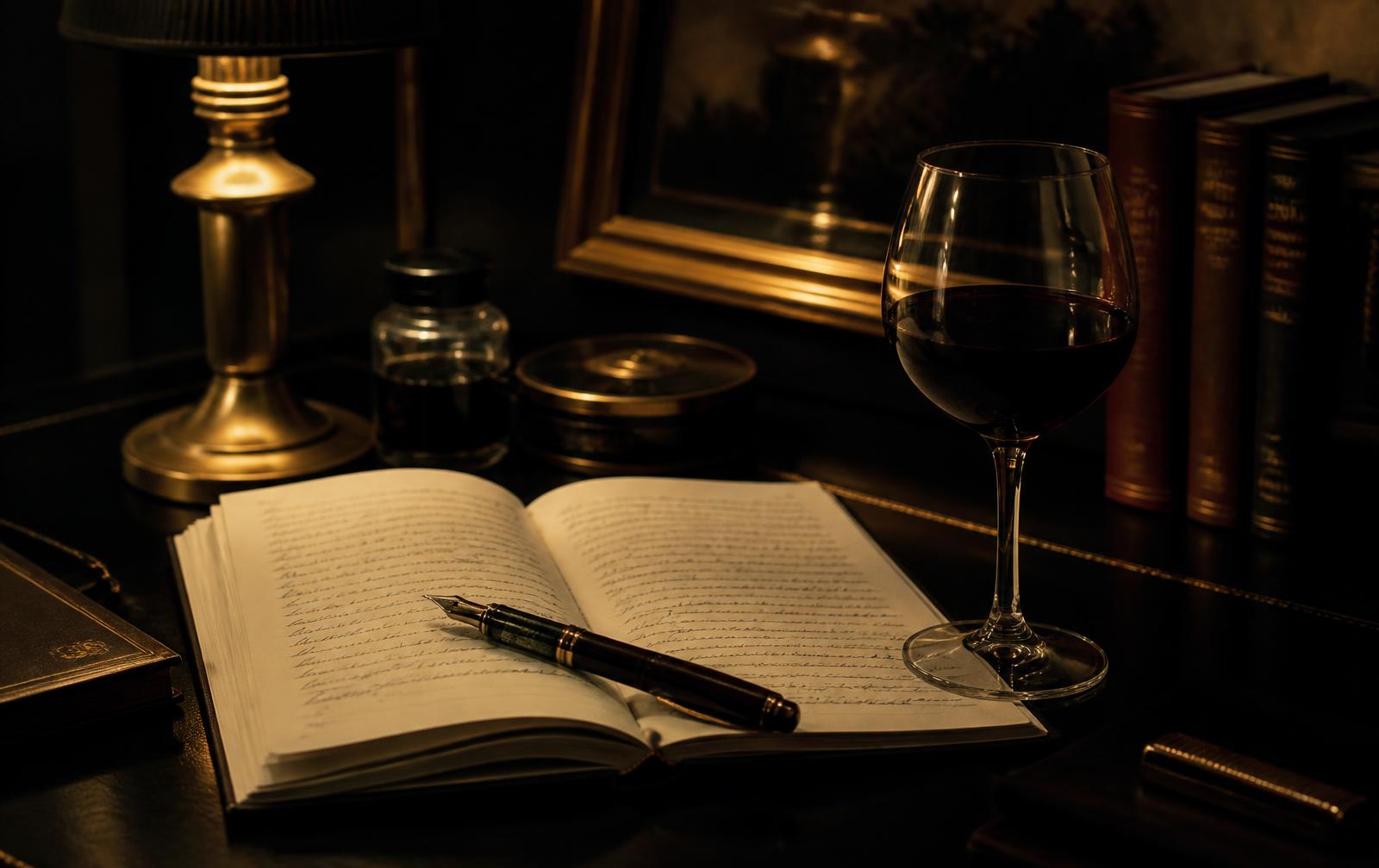 An open handwritten notebook beside a glass of wine under warm lamplight